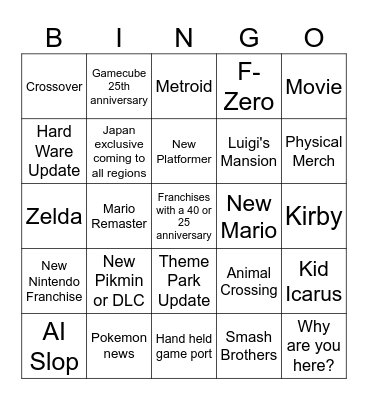 Nintendo Direct 2026 Bingo Card