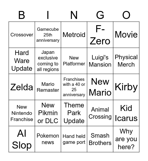 Nintendo Direct 2026 Bingo Card