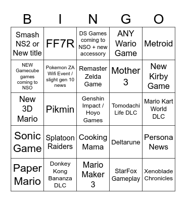Nintendo Direct 6/8/26 Bingo Card