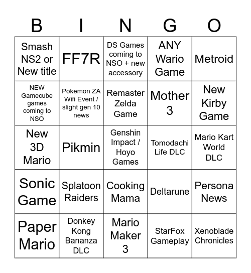 Nintendo Direct 6/8/26 Bingo Card