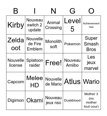 Nintendo direct Bingo Card
