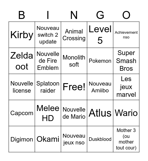 Nintendo direct Bingo Card