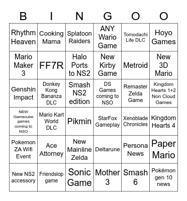 Nintendo Direct 6/8/26 Bingo Card
