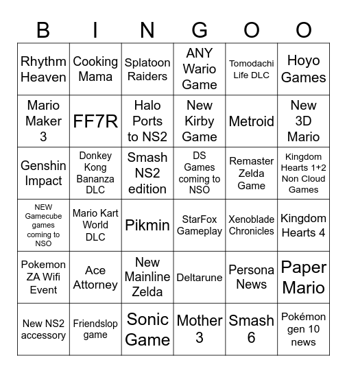 Nintendo Direct 6/8/26 Bingo Card