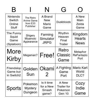 Nintendo Direct 6/9 Bingo Card