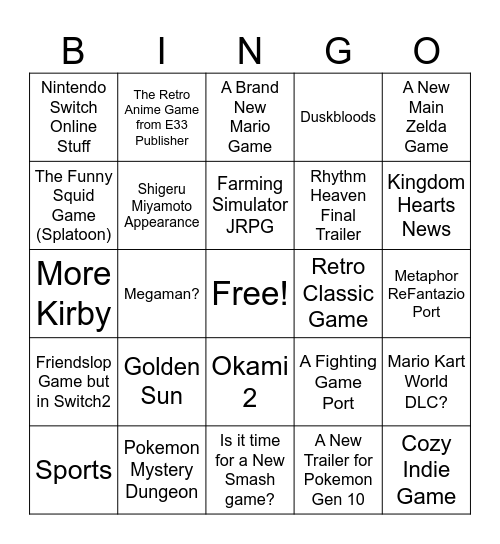 Nintendo Direct 6/9 Bingo Card