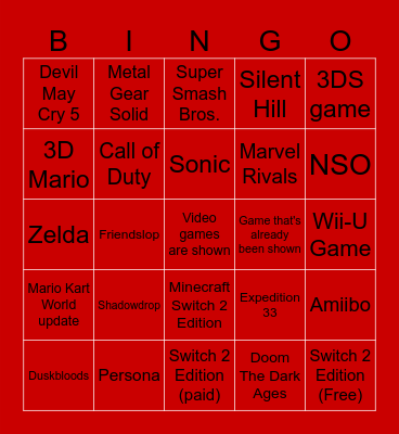 Nintendo Direct 6/9 (lol) Bingo Card