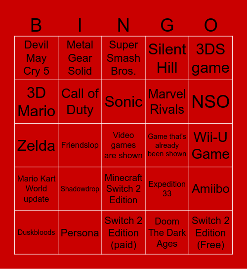 Nintendo Direct 6/9 (lol) Bingo Card