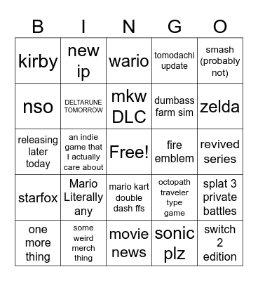 nintendo direct 6/9/26 Bingo Card