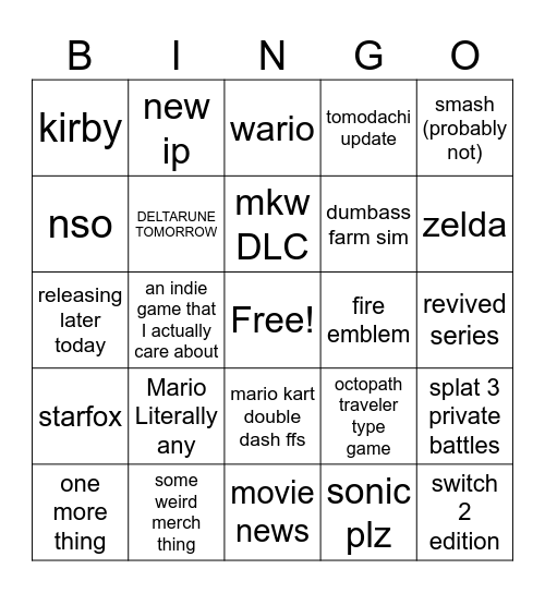 nintendo direct 6/9/26 Bingo Card