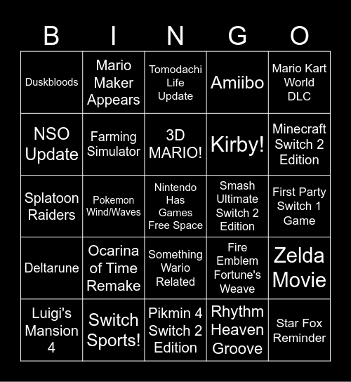 Nintendo Direct BINGO Card