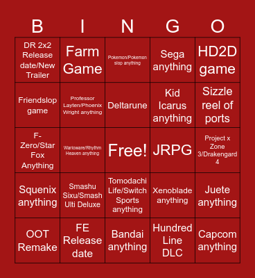 Nintendo Direct Bingo Card
