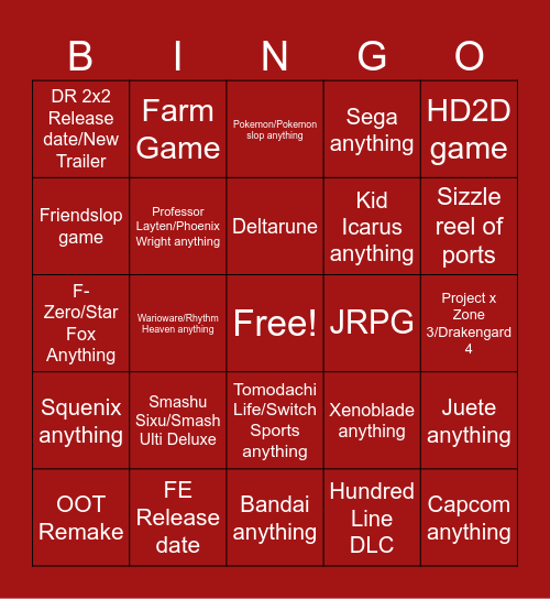 Nintendo Direct Bingo Card