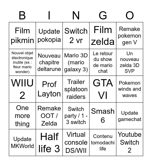 Nintendo direct 09/06/2026 Bingo Card