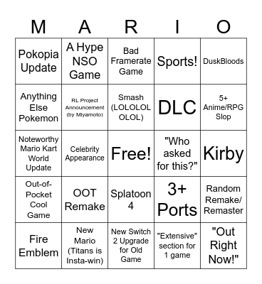 Nintendo Direct 6/9 Bingo Card