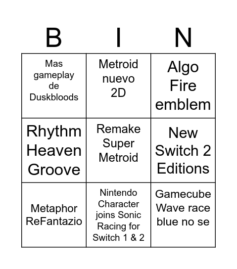 Nintendo Direct 2026 Direct Bingo Card