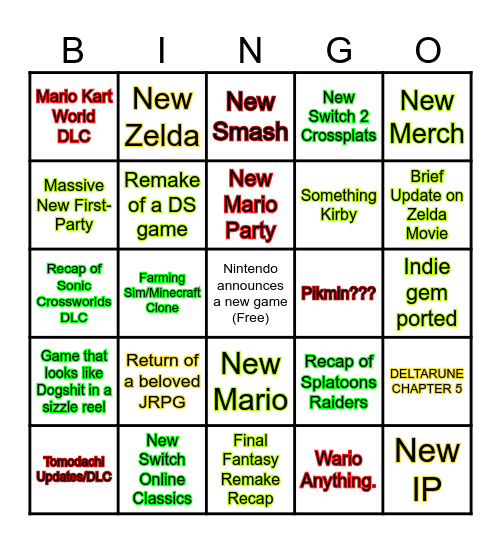 Nintendo Direct 6/9/26 Bingo Card