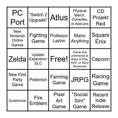6/9/26 Nintendo Direct Bingo Card