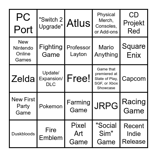 6/9/26 Nintendo Direct Bingo Card