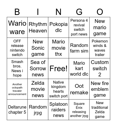 Nintendo Direct 6.9.2026 Bingo Card