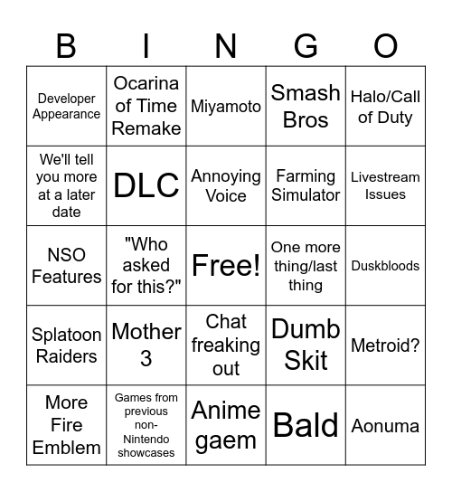 Nintendo Direct Bingo Card