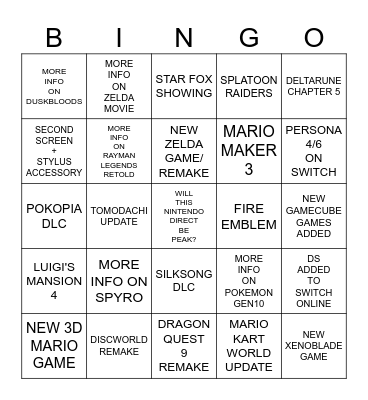 6.9.2026 Nintendo Direct Bingo Card