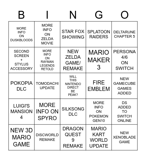 6.9.2026 Nintendo Direct Bingo Card