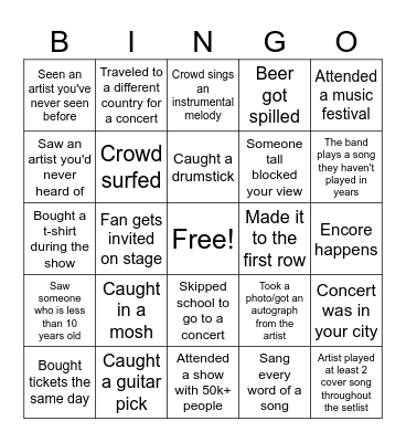Concert Bingo Card