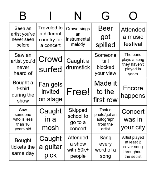 Concert Bingo Card