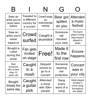Concert Bingo (Easy) Bingo Card