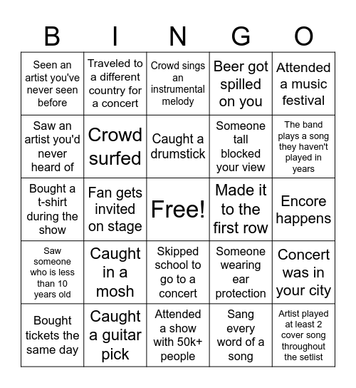 Concert Bingo (Easy) Bingo Card