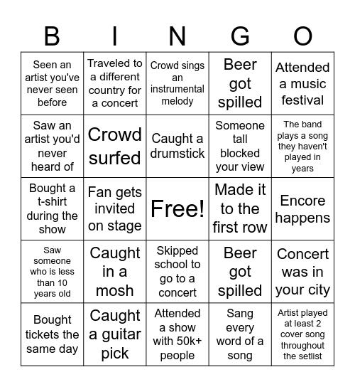 Concert Bingo Card