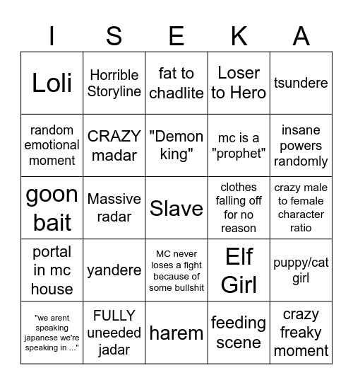 Isekai Slop Bingo Card