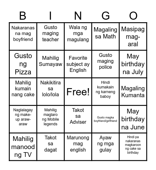 Getting to Know My classmates Bingo Card