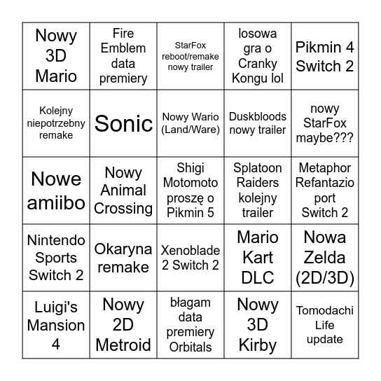 NINTENDO DIRECT Bingo Card