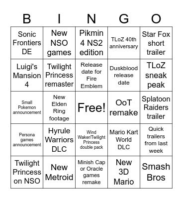 Nintendo Direct 6/9/26 Bingo Card