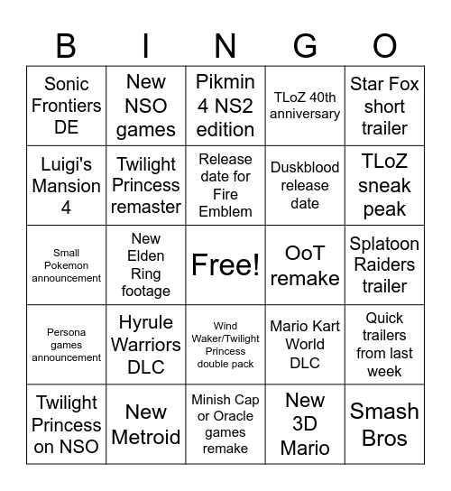 Nintendo Direct 6/9/26 Bingo Card