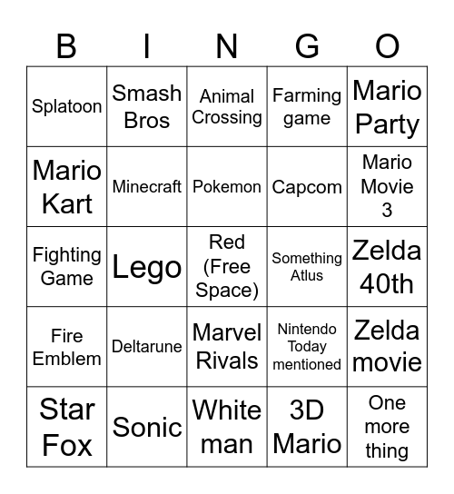 Nintendo Direct June 2026 Bingo Card
