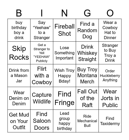 Troy’s Dirty 30 Montana Bingo Card