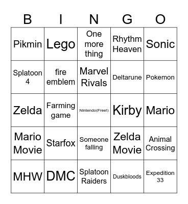 Nintendo Direct Bingo Card
