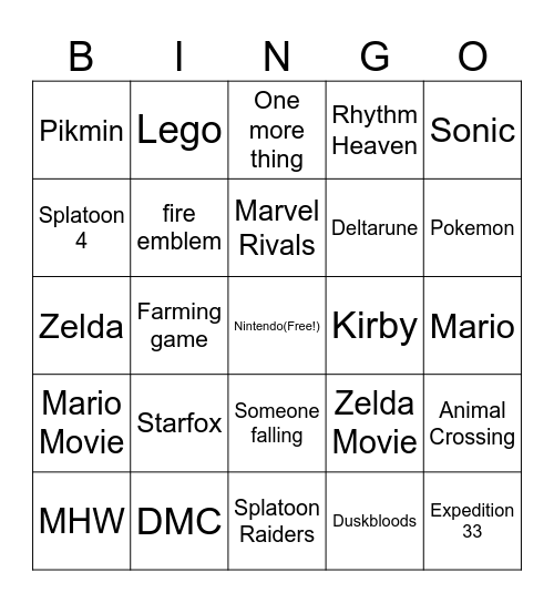 Nintendo Direct Bingo Card