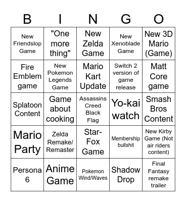 Nintendo Direct 6/9 Bingo Card