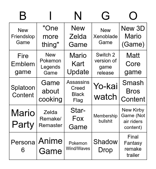 Nintendo Direct 6/9 Bingo Card