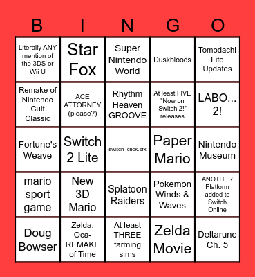 NINTENDO DIRECT BINGO 2026 Bingo Card