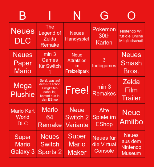 Nintendo Direct Bingo Card