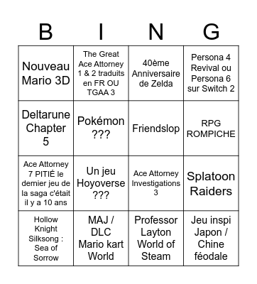 Nintendo Direct Juin 2026 Bingo Card