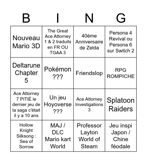 Nintendo Direct Juin 2026 Bingo Card
