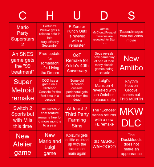 NINTENDO JULY DIRECT Bingo Card