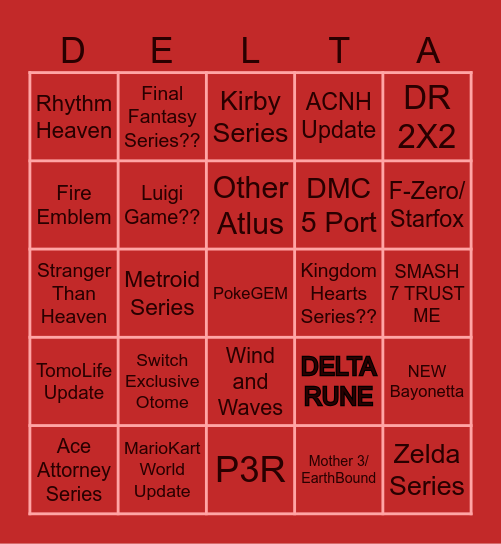 nintendo direct Bingo Card