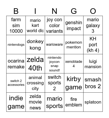 nintendo direct 6/9 Bingo Card